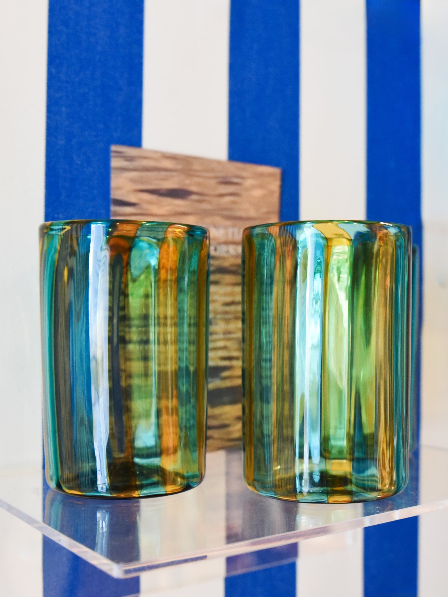J.McLaughlin Striped Tumblers in topaz green made with glass. 