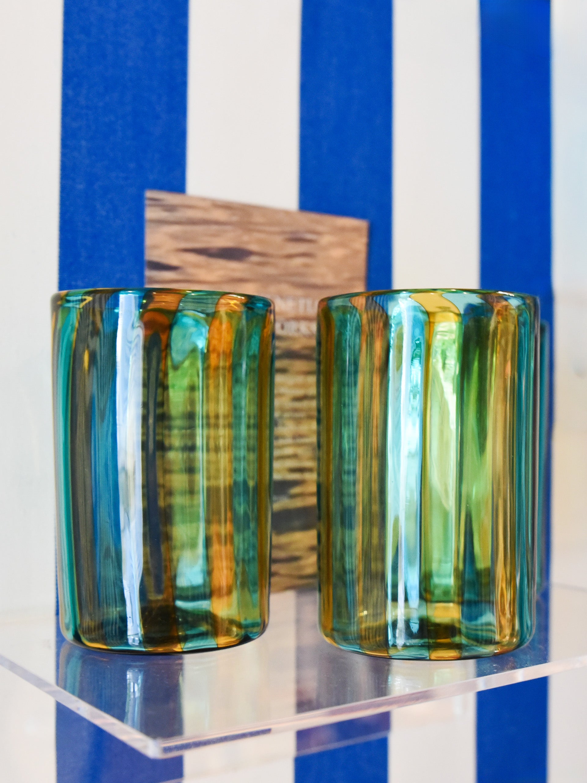 J.McLaughlin Striped Tumblers in topaz green made with glass. 
