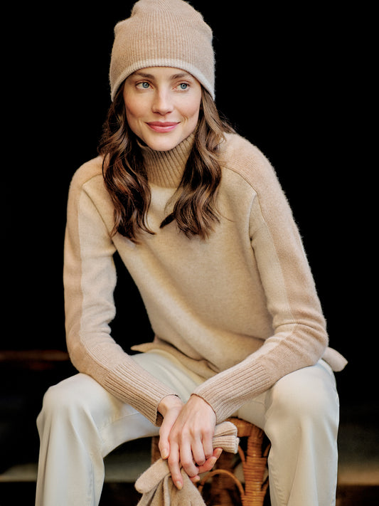 J.McLaughlin Dina turtleneck in heather oatmeal/camel made with cashmere.