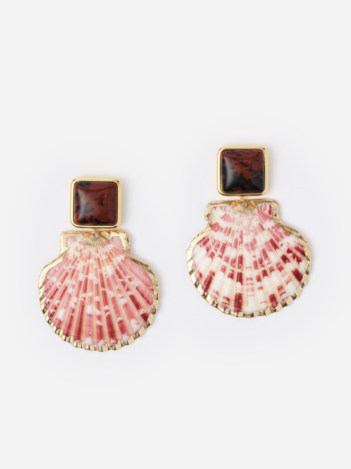 Shell Earrings featuring pink and white shell designs with gold accents and a square maroon stone top detail by J.McLaughlin, effortlessly stylish with enduring appeal.