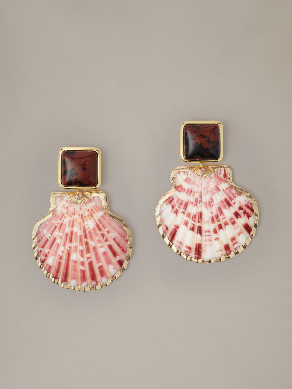 Shell Earrings by J.McLaughlin with pink and cream scallop shells and square burgundy stone tops finished with gold tone edging