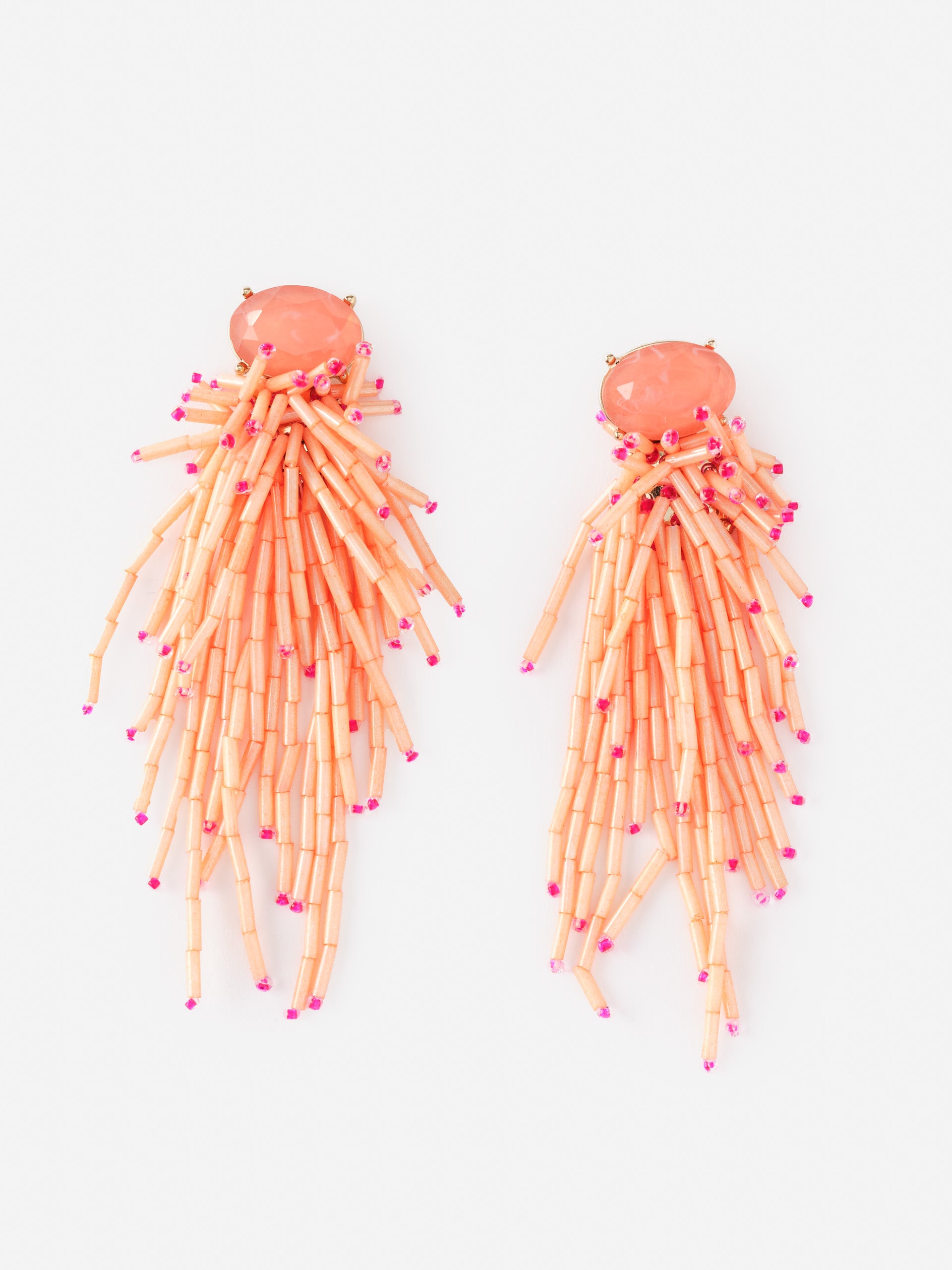 Beaded Tassel Earrings by J.McLaughlin featuring peach-colored beads with pink tips and a smooth oval peach stone, effortlessly stylish with enduring designs for a life well-lived.