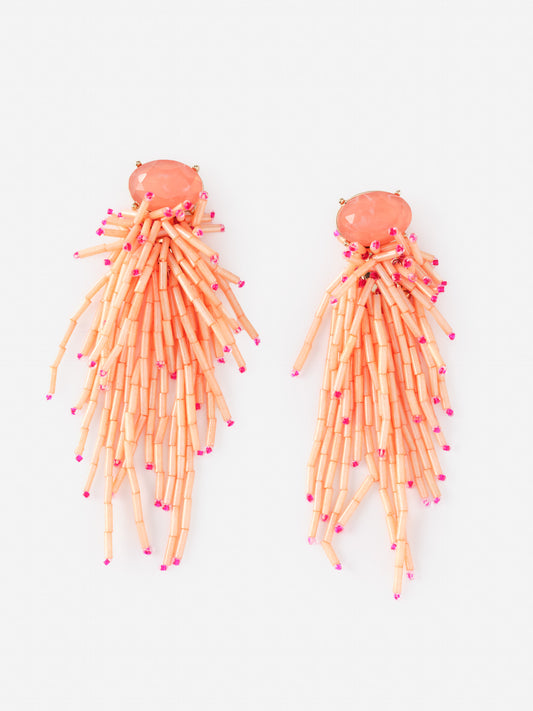 Beaded Tassel Earrings by J.McLaughlin featuring peach-colored beads with pink tips and a smooth oval peach stone, effortlessly stylish with enduring designs for a life well-lived.