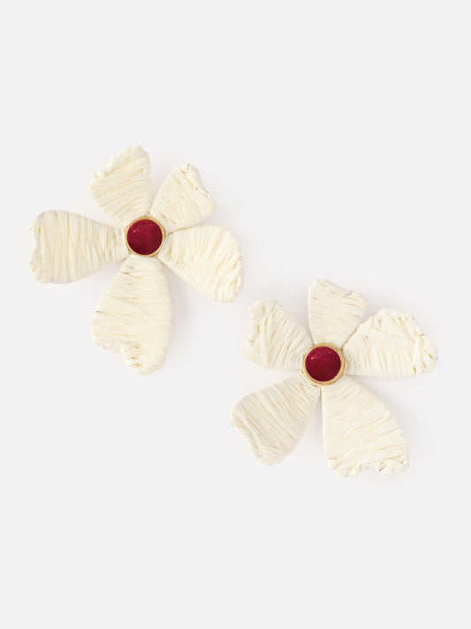Flower Earrings by J.McLaughlin featuring cream textured petals with a deep red center, showcasing effortlessly stylish and enduring designs for a legacy of timeless fashion.