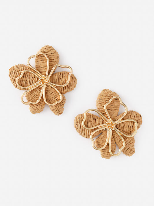 Pair of J.McLaughlin Flower Earrings featuring woven textured petals with gold-tone wire detailing, embodying effortlessly stylish, enduring designs for a legacy of timeless fashion.