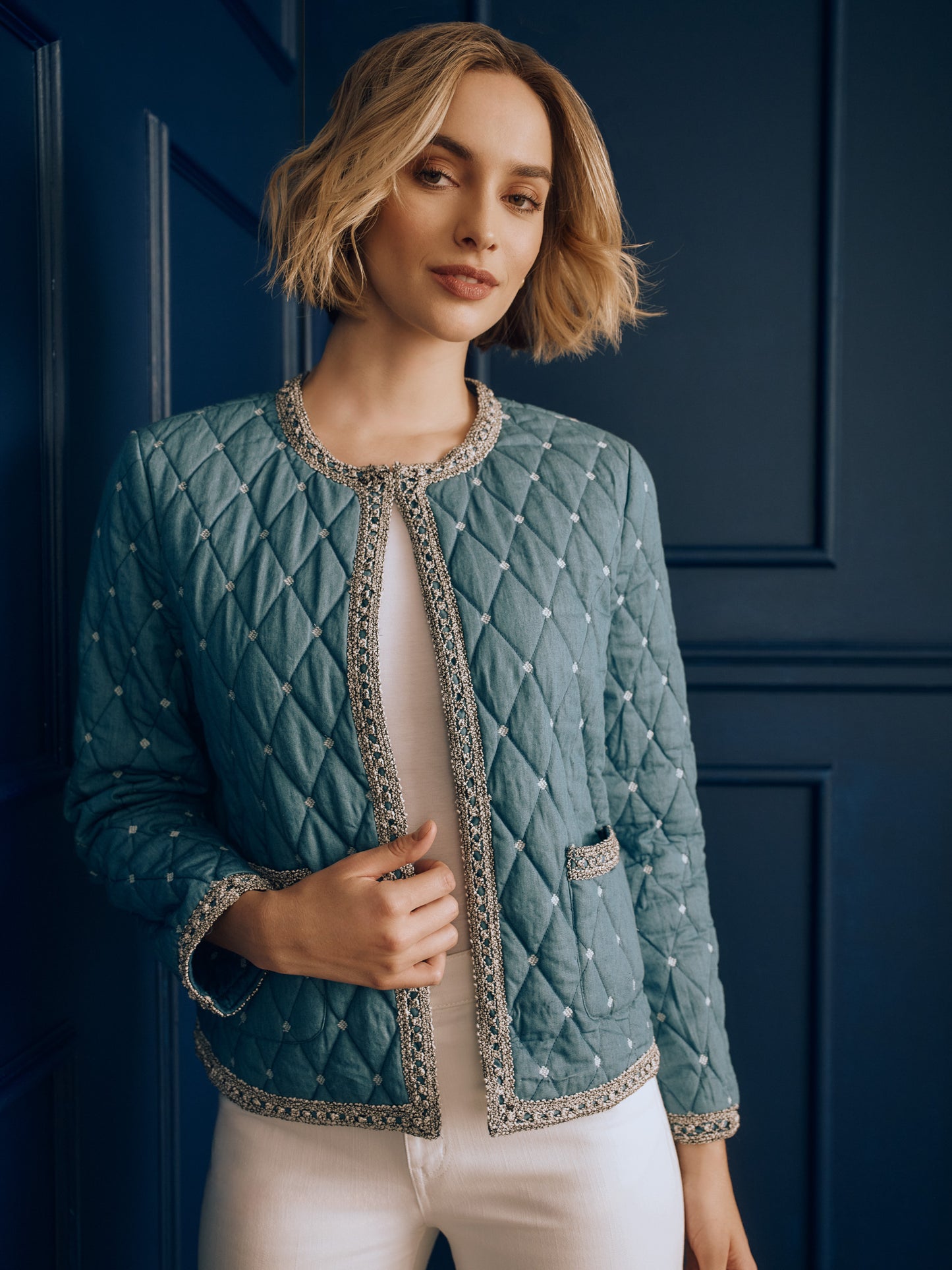 J.McLaughlin Helene jacket in Medium Blue made with Cotton. 