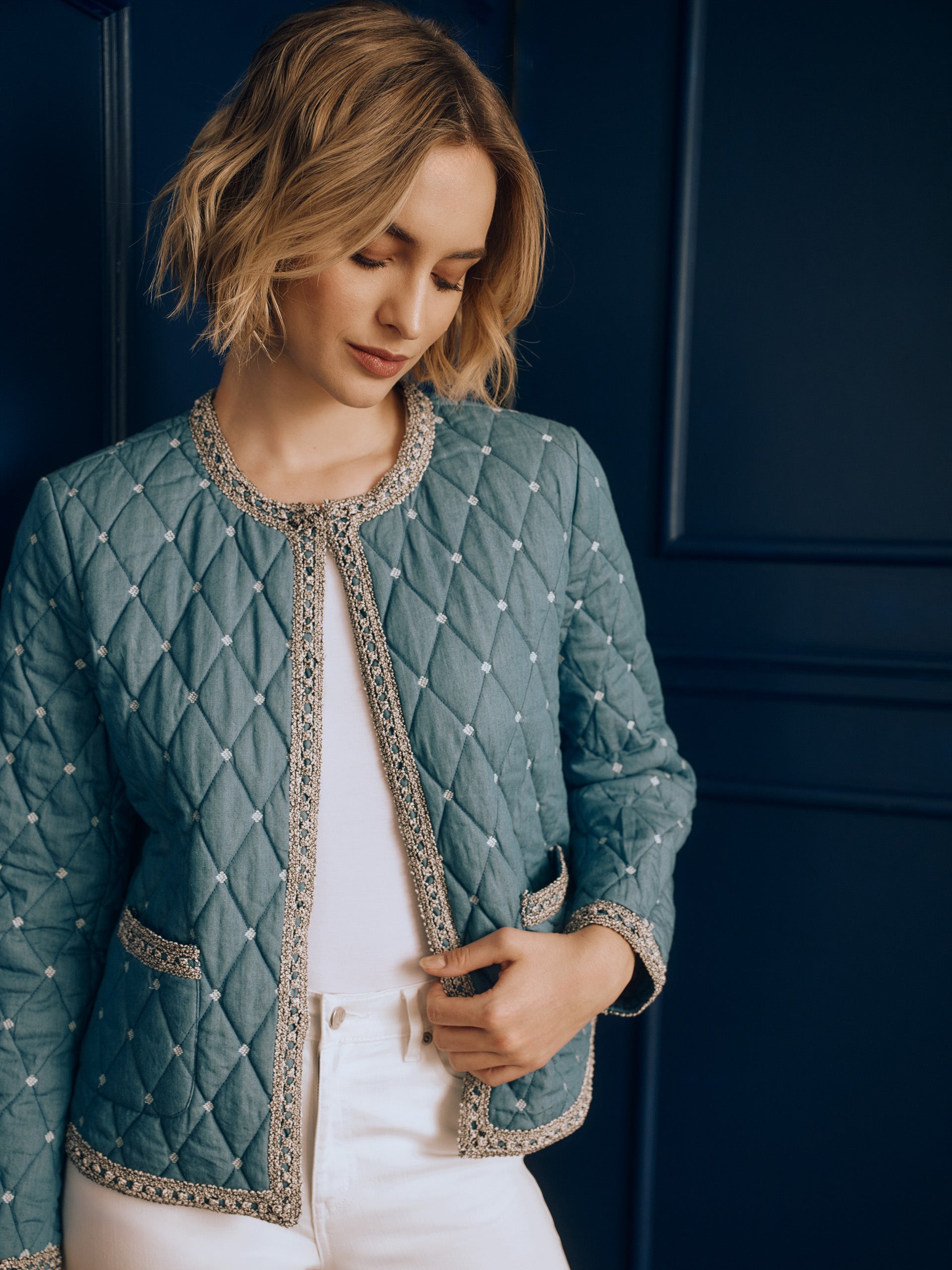 J.McLaughlin Helene jacket in Medium Blue made with Cotton. 