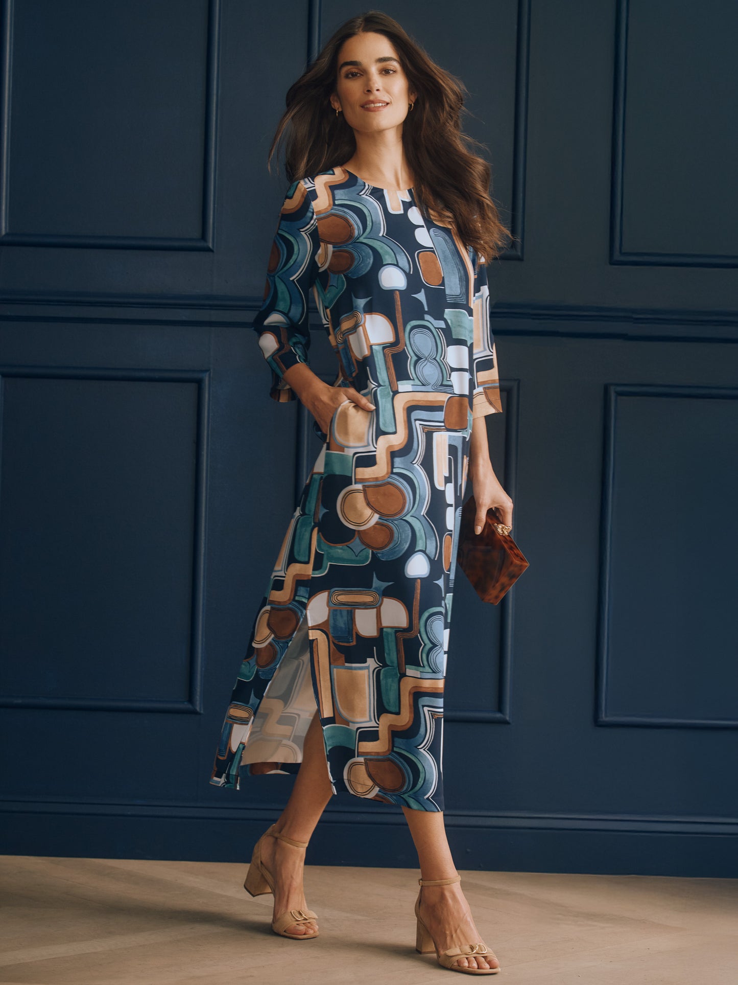 J.McLaughlin Eldridge dress in Navy/Brown/Aqua made with polyester. 