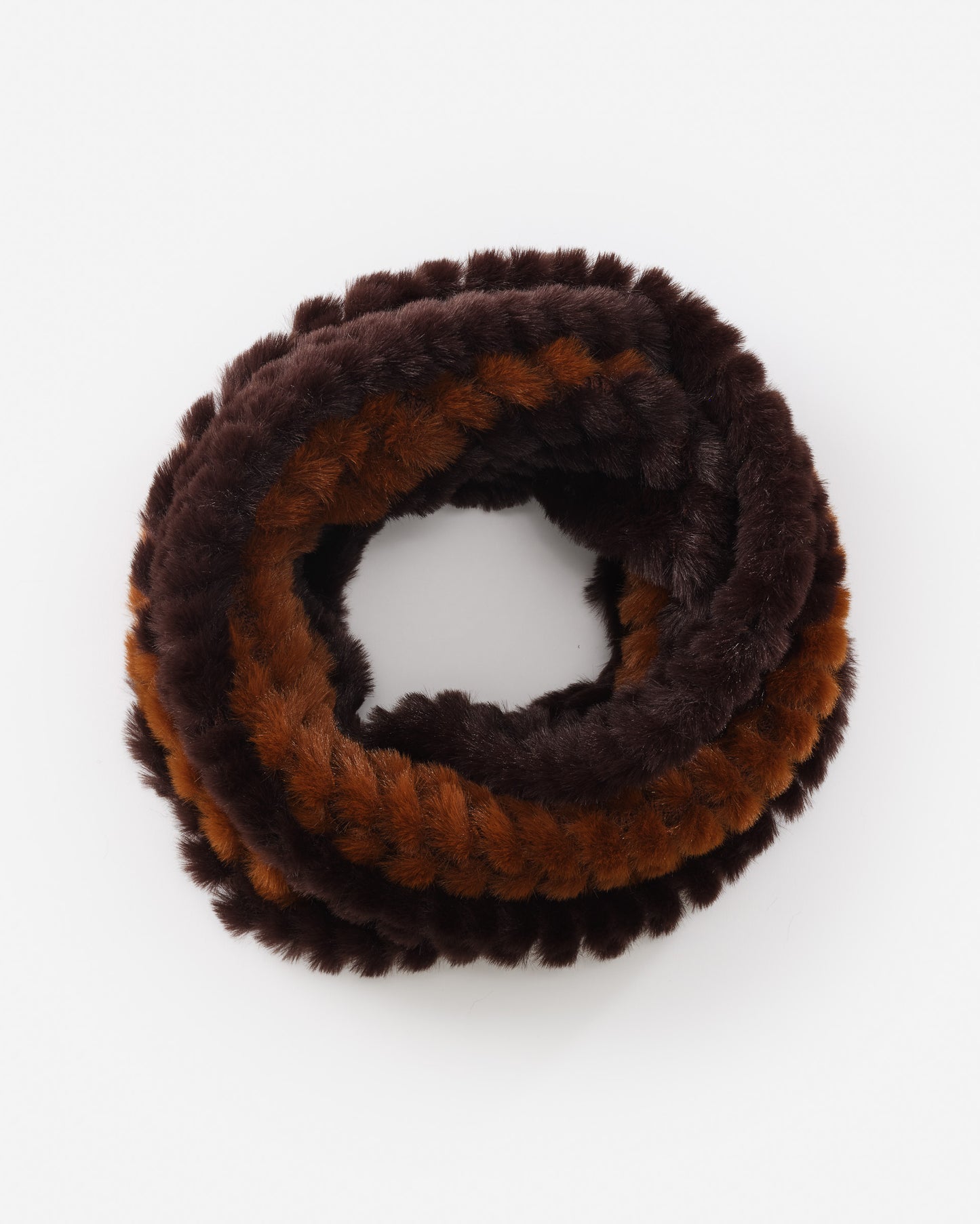 J.McLaughlin Bormio neckwarmer in dark brown/light brown made with faux fur.