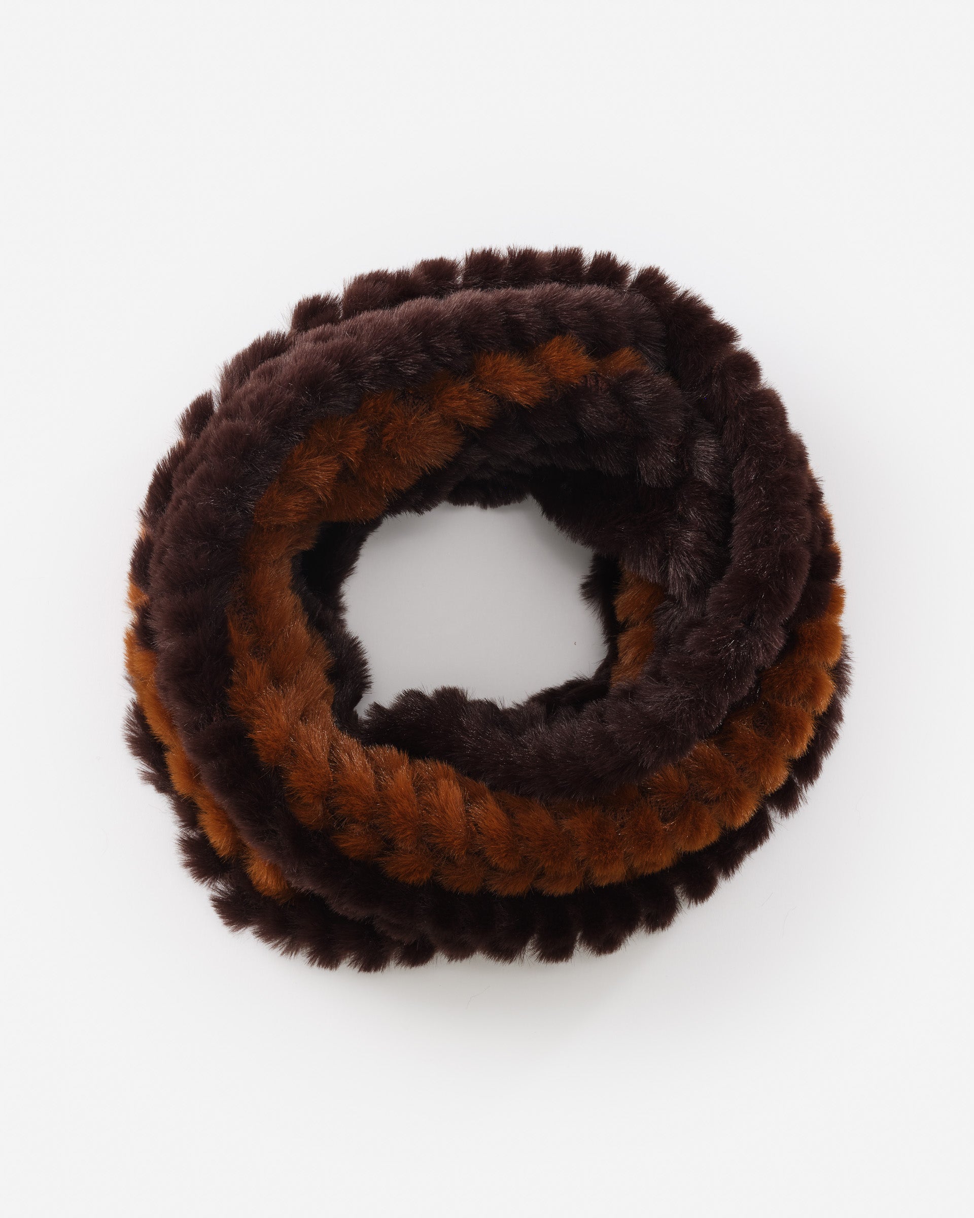 J.McLaughlin Bormio neckwarmer in dark brown/light brown made with faux fur.