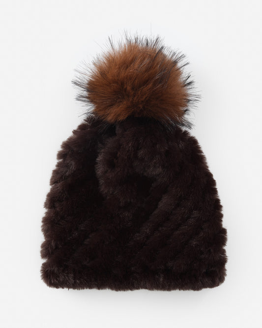 J.McLaughlin Loulou hat in dark brown/light brown made with faux fur.