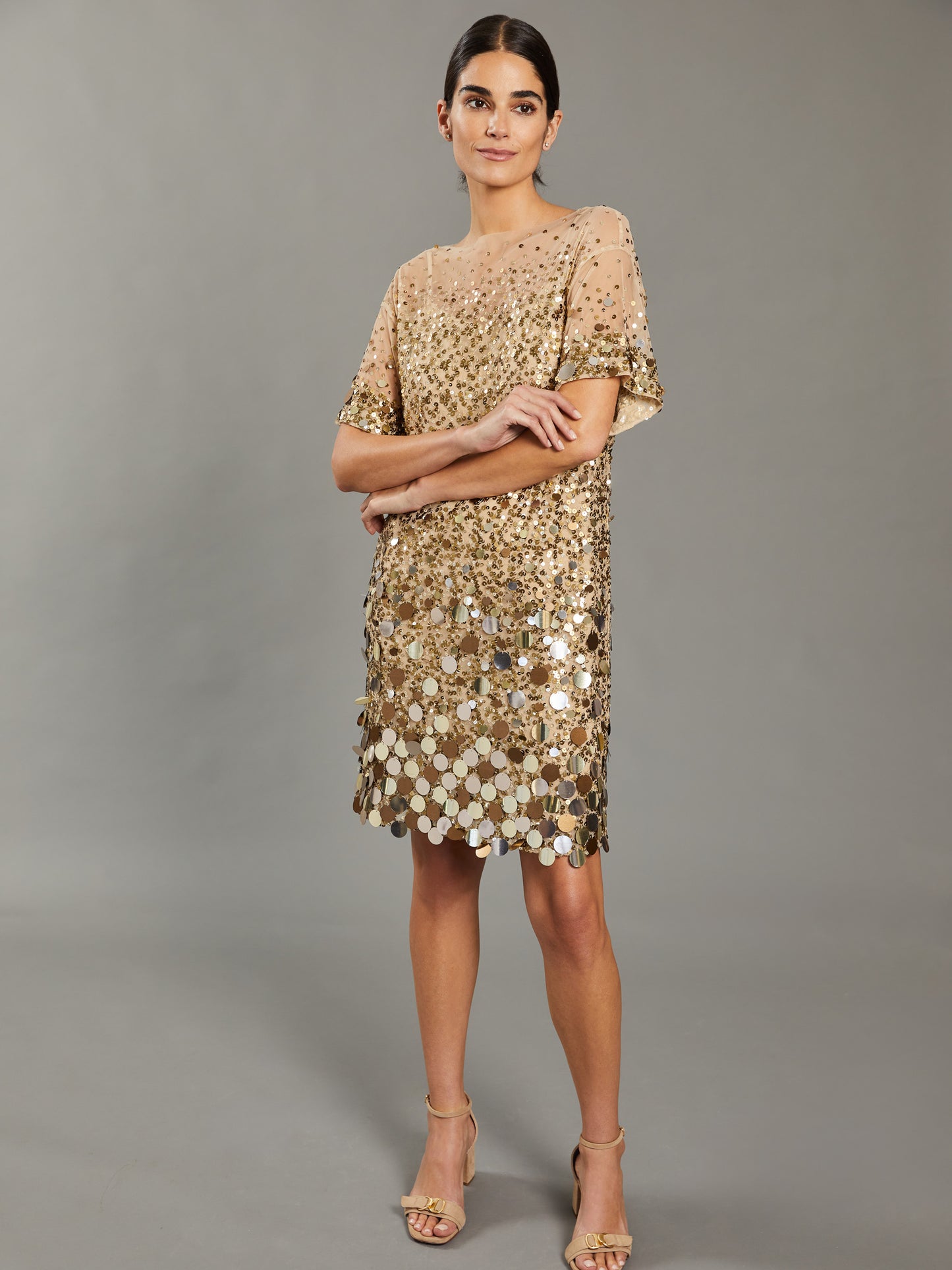 J.McLaughlin Tricia dress in gold made with nylon and polyester.