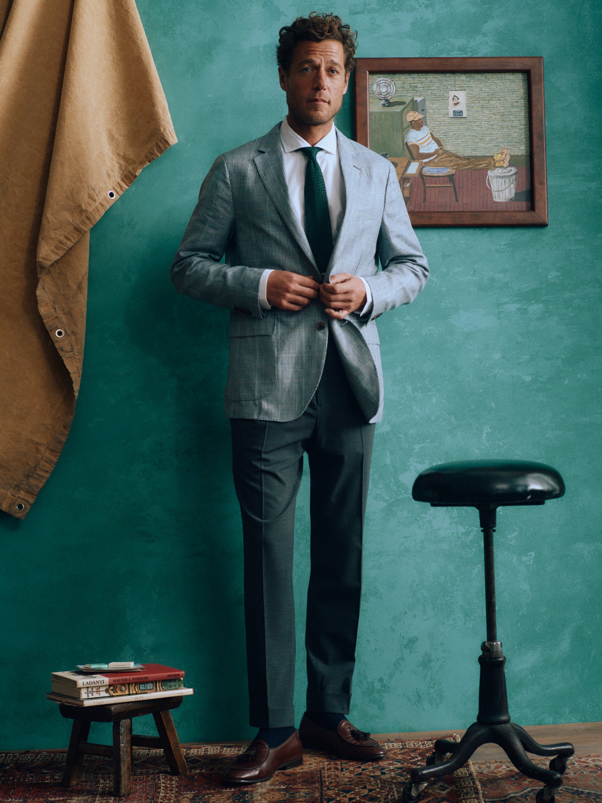 J.McLaughlin McCown jacket in Light Blue/Navy made with Linen/Wool.