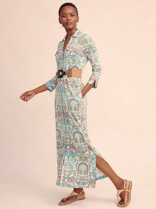 Model wearing Brynn maxi dress in brown/aqua made with lyford jersey fabric.