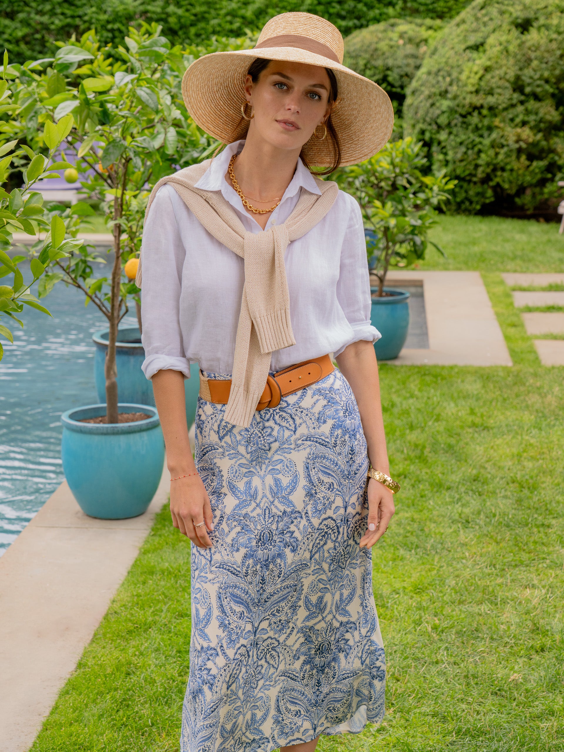 J.McLaughlin Adelyn skirt in off white/dark blue made with silk/viscose. 