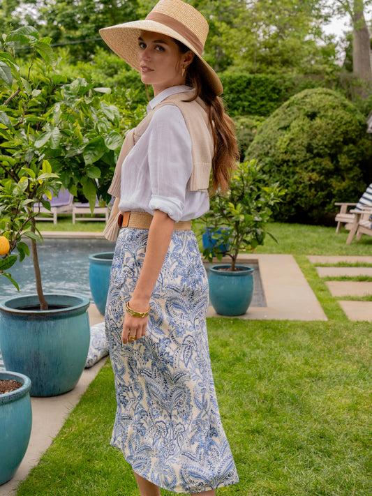 J.McLaughlin Adelyn skirt in off white/dark blue made with silk/viscose. 