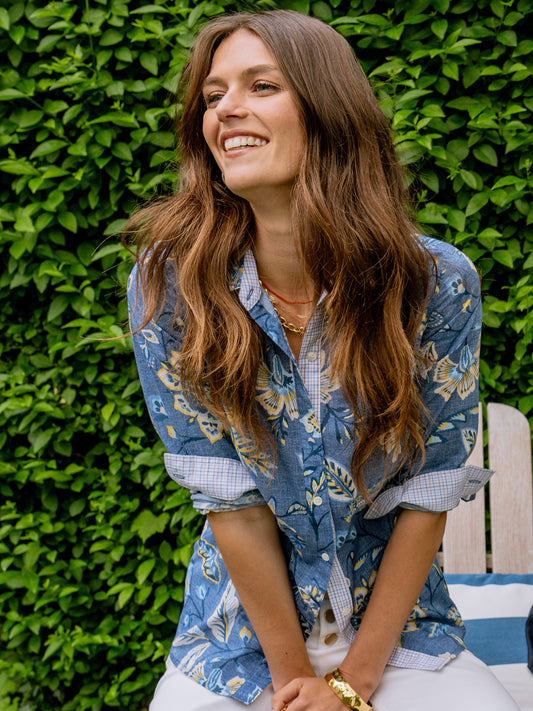 J.McLaughlin Lois shirt in denim/yellow made with cotton. 