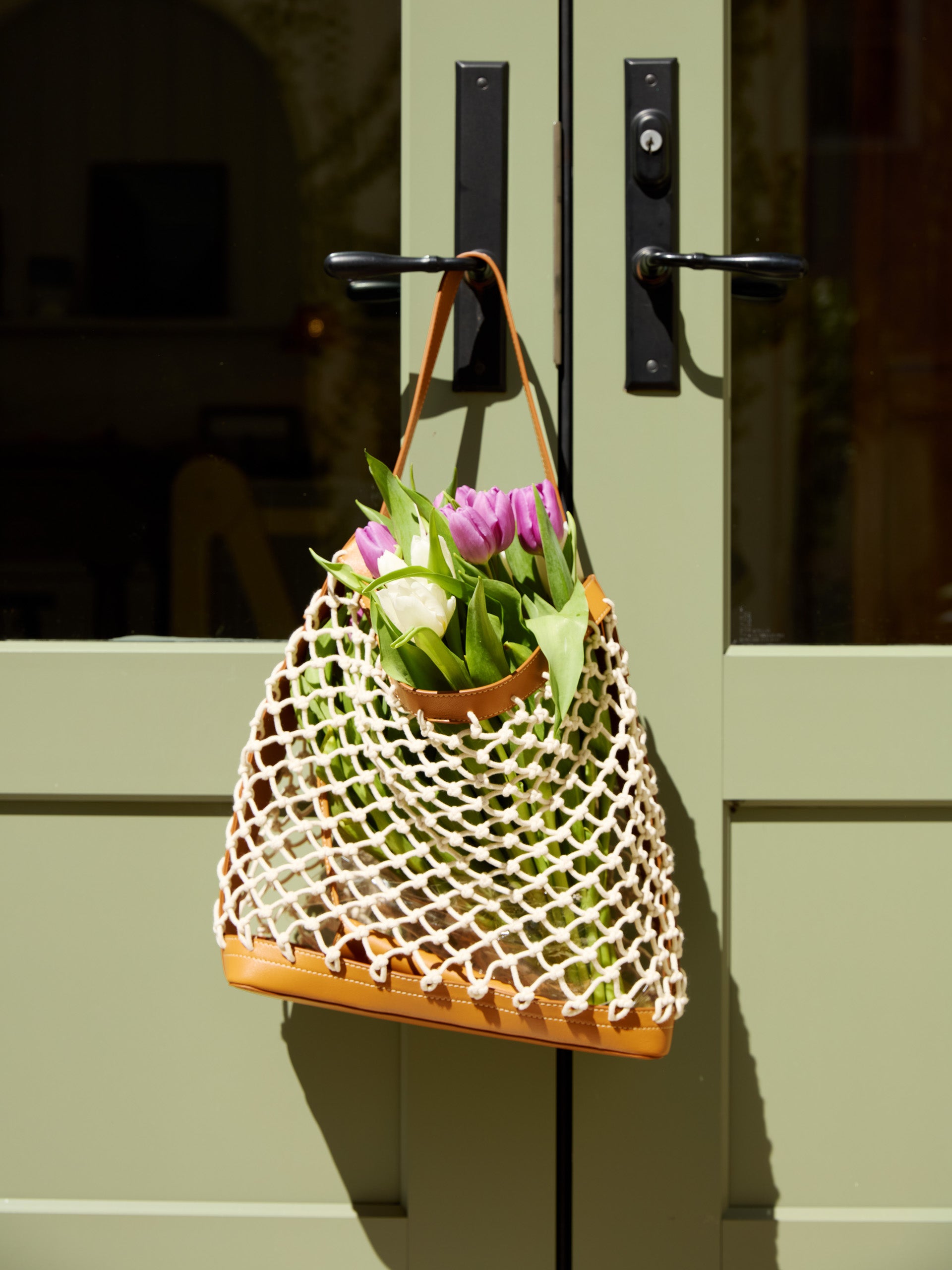 J.McLauhglin Wren tote in natural vachetta made with crochet/leather.