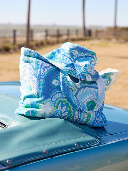 J.McLaughlin Frida tote in green/lapis blue made with cotton. 