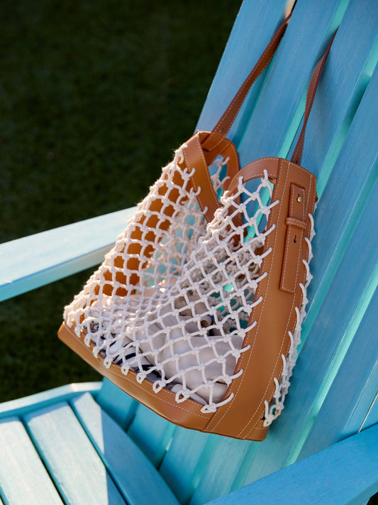 J.McLauhglin Wren tote in natural vachetta made with crochet/leather.