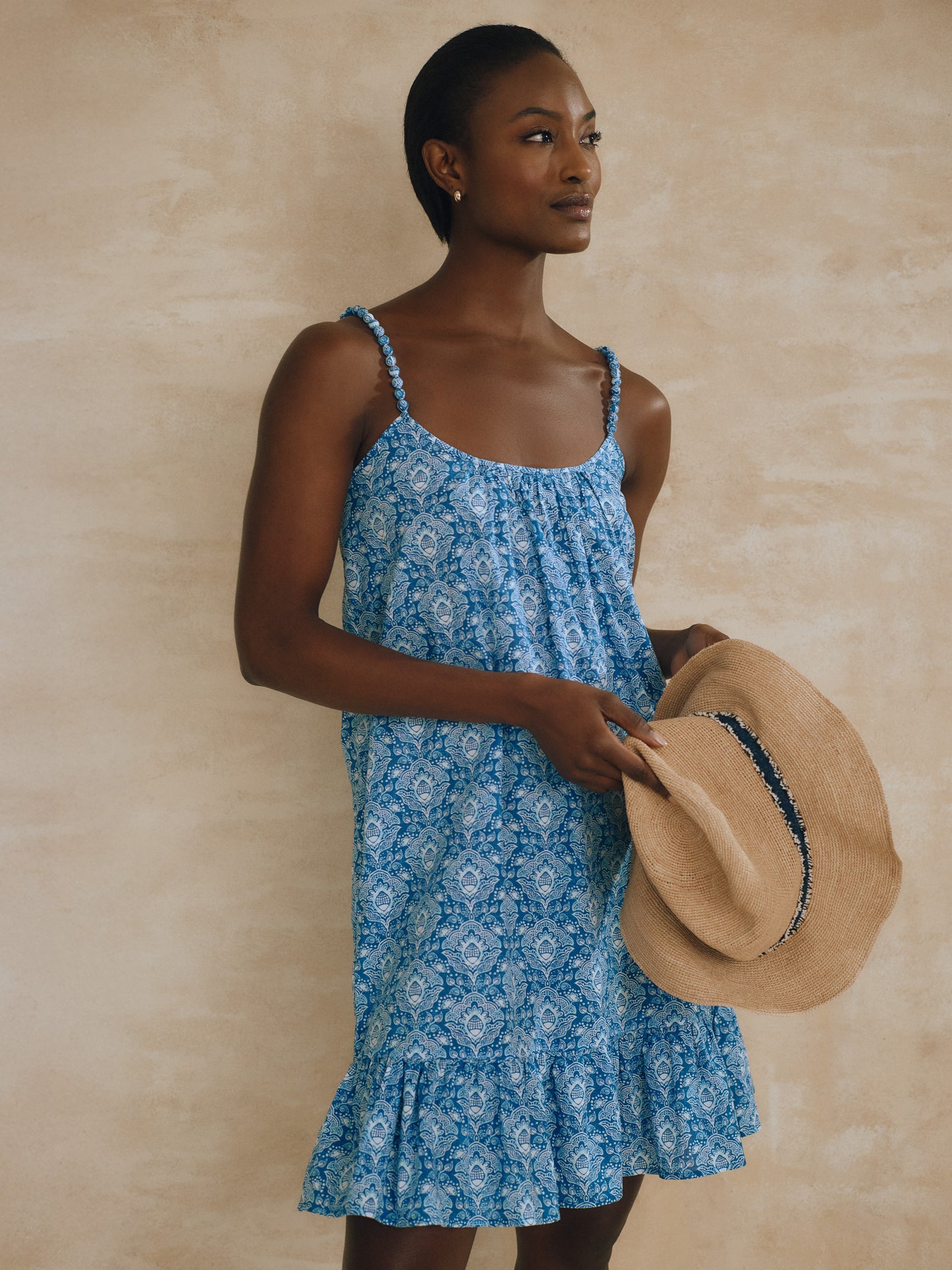 J.McLaughlin Cova dress in navy/light blue/white made with cotton. 