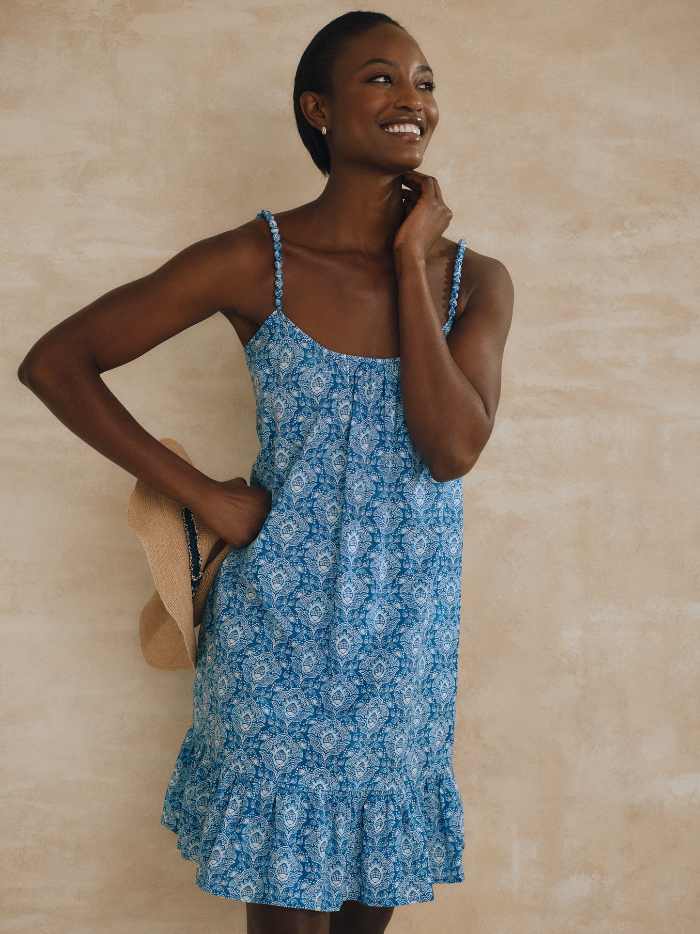 J.McLaughlin Cova dress in navy/light blue/white made with cotton. 