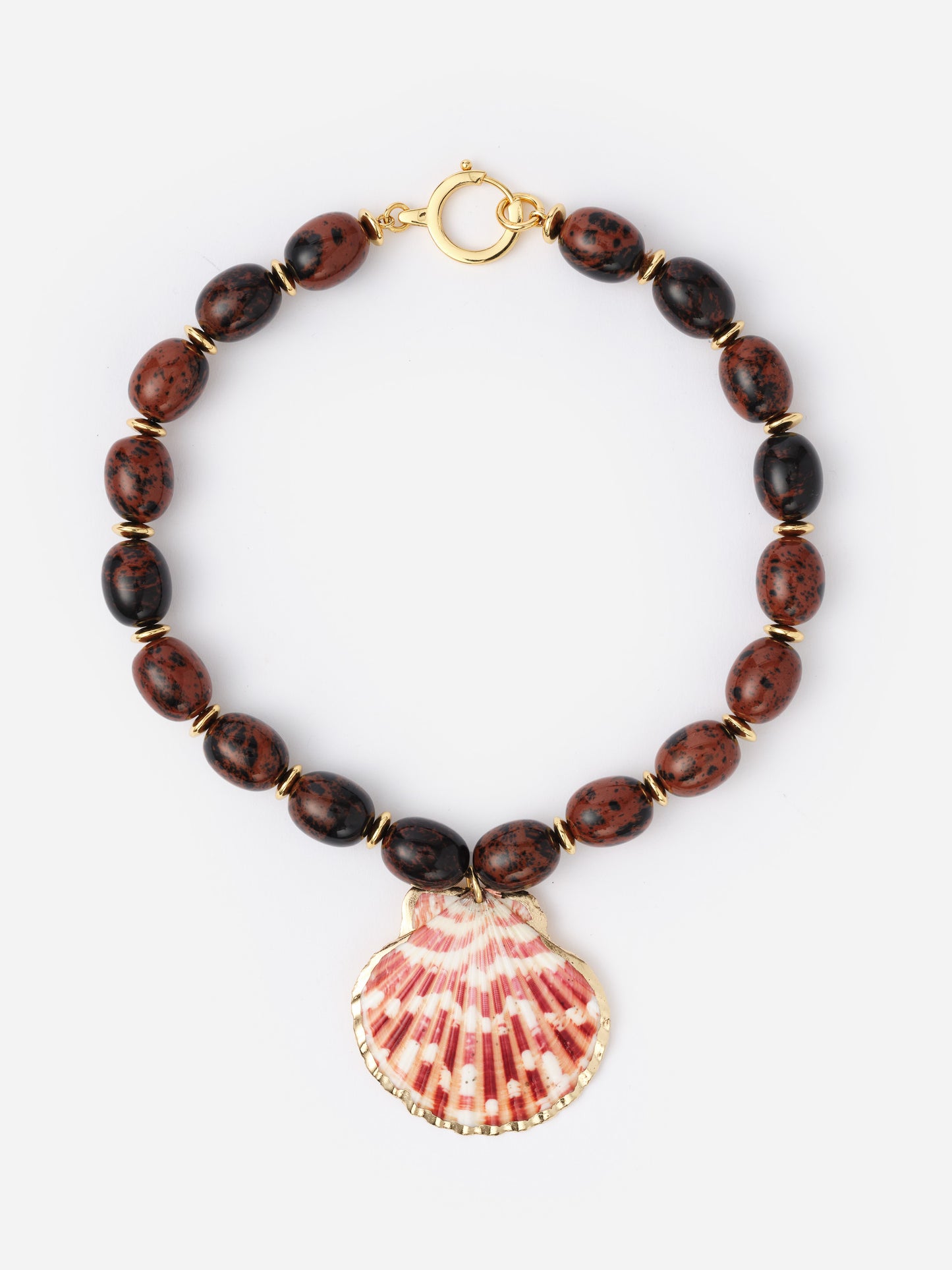 Shell Necklace featuring a polished beaded chain with a detailed red and white scallop shell pendant, reflecting J.McLaughlin’s legacy of timeless fashion and enduring designs.