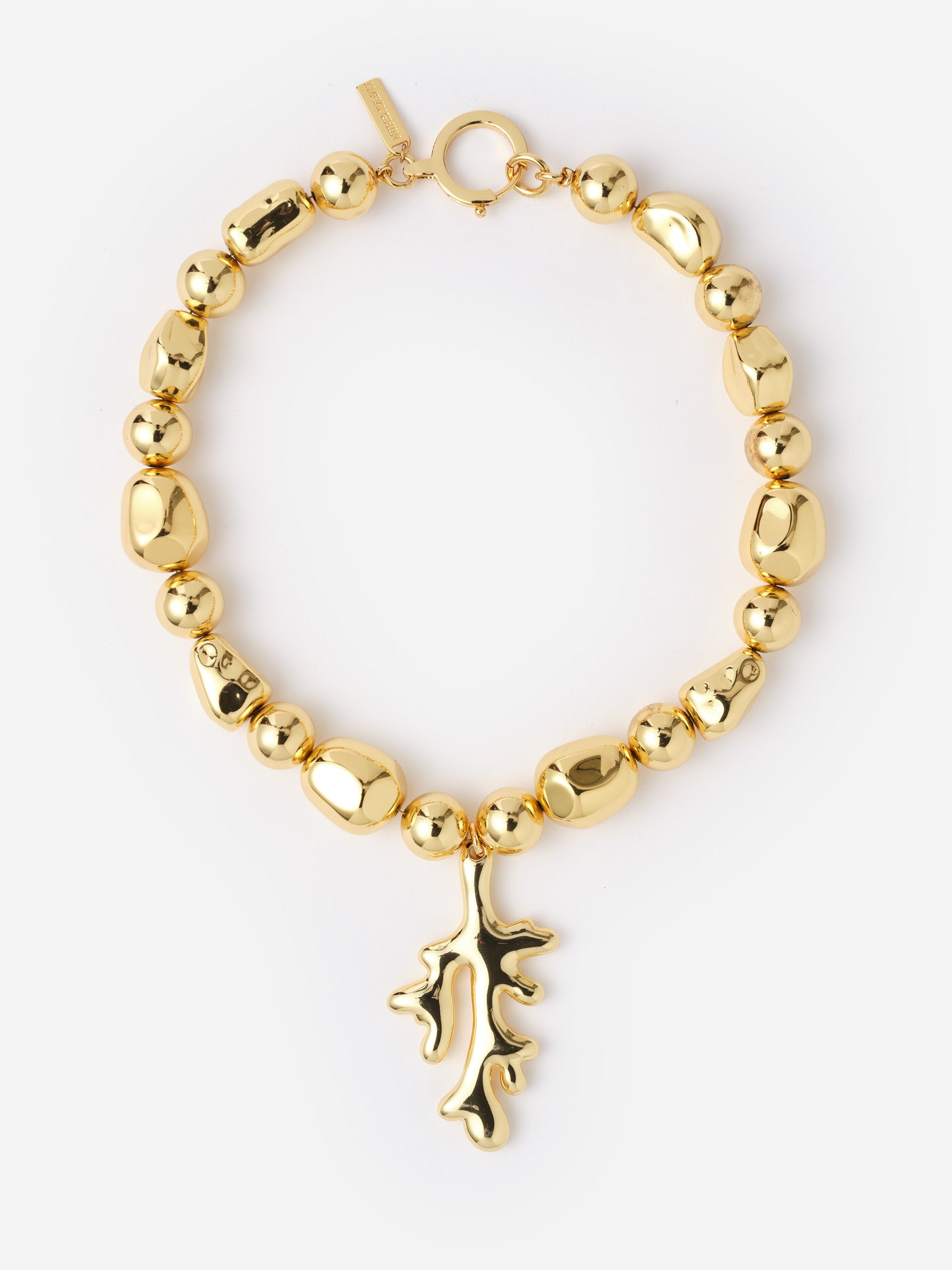 Coral Necklace from J.McLaughlin featuring polished gold beads and a sculpted coral pendant, embodying effortlessly stylish, enduring designs with timeless appeal.