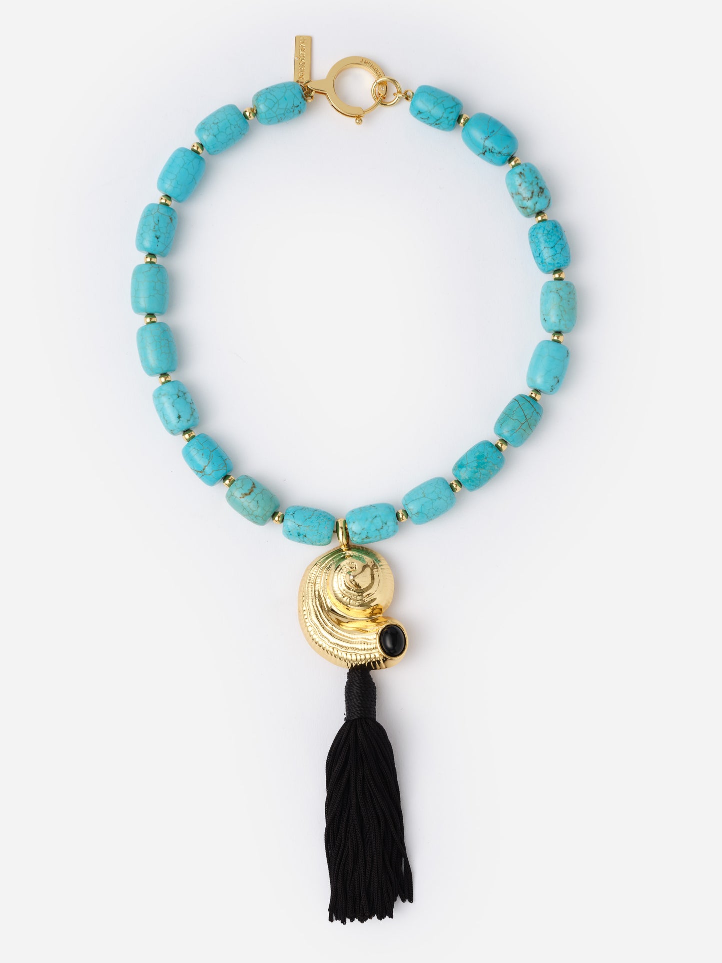 Shell Tassel Necklace by J.McLaughlin featuring vibrant turquoise beads, a gold shell charm, and a black tassel, combining classic style with timeless craftsmanship.
