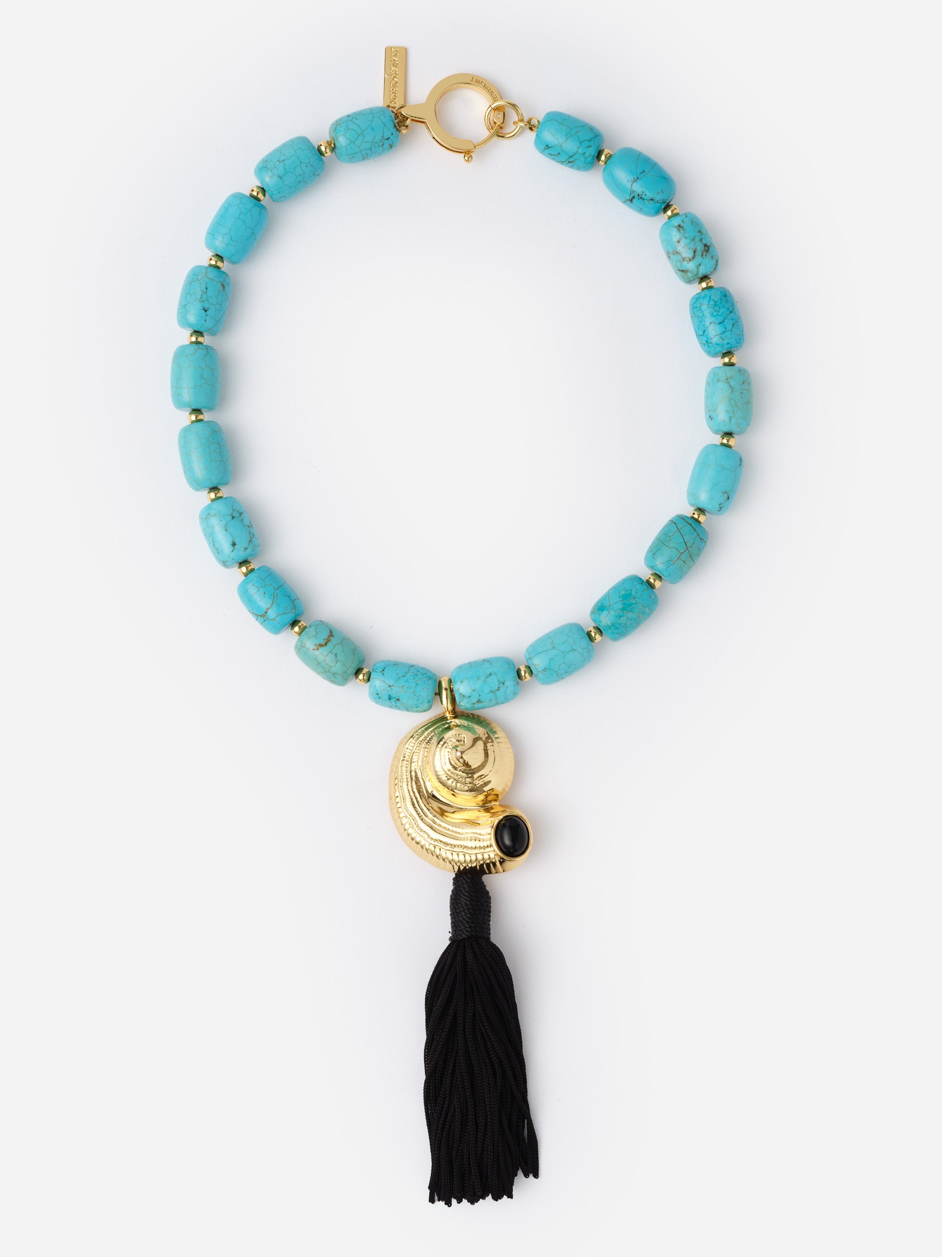 Shell Tassel Necklace by J.McLaughlin featuring vibrant turquoise beads, a gold shell charm, and a black tassel, combining classic style with timeless craftsmanship.