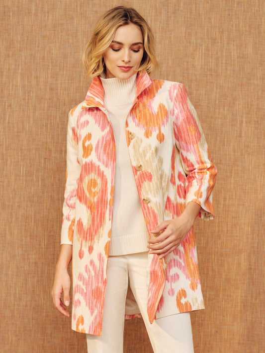 J.McLaughlin Deirdre coat in orange/pink made with a linen blend.