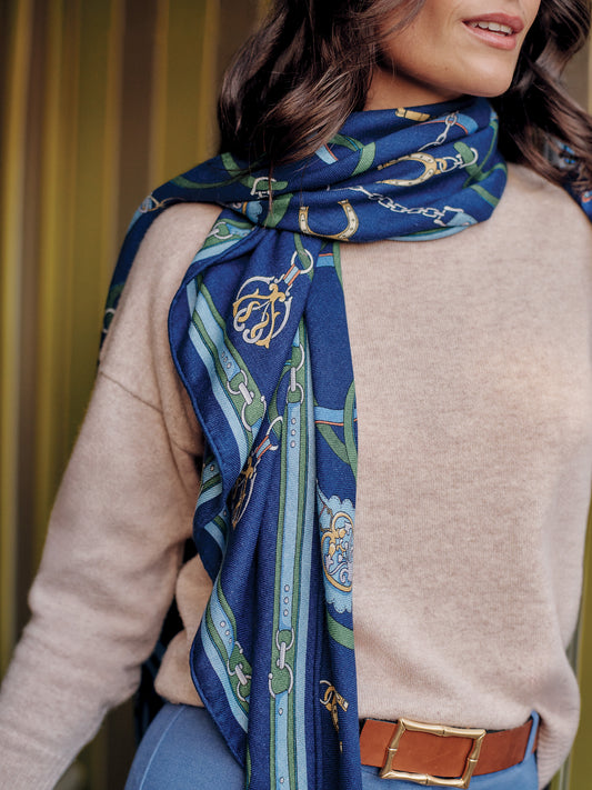 J.McLaughlin Sarita scarf in navy/green/blue made with silk and cashmere.