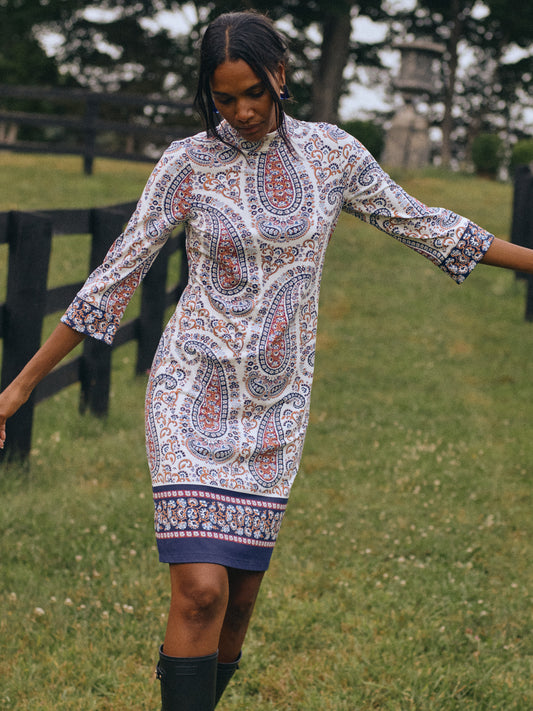 J.McLaughlin Zelda dress in off white/red/blue made with catalina cloth. 