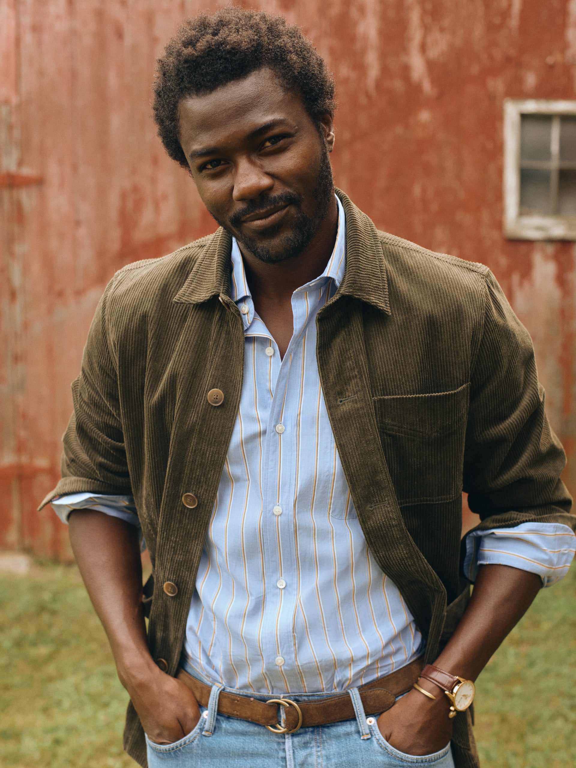 J.mcLaughlin Weekender jacket in olive made with corduroy.