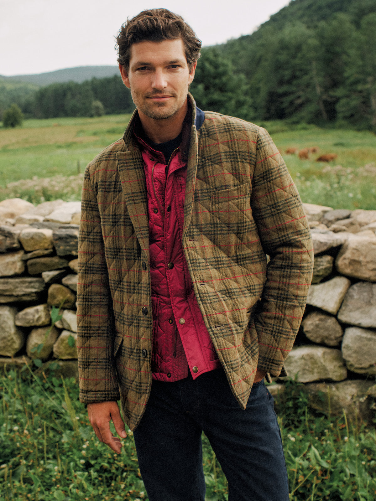 J.McLaughlin Spencer Quilted Jacket in Plaid worn by a man outdoors featuring a classic silhouette and textured quilting in a timeless countryside setting