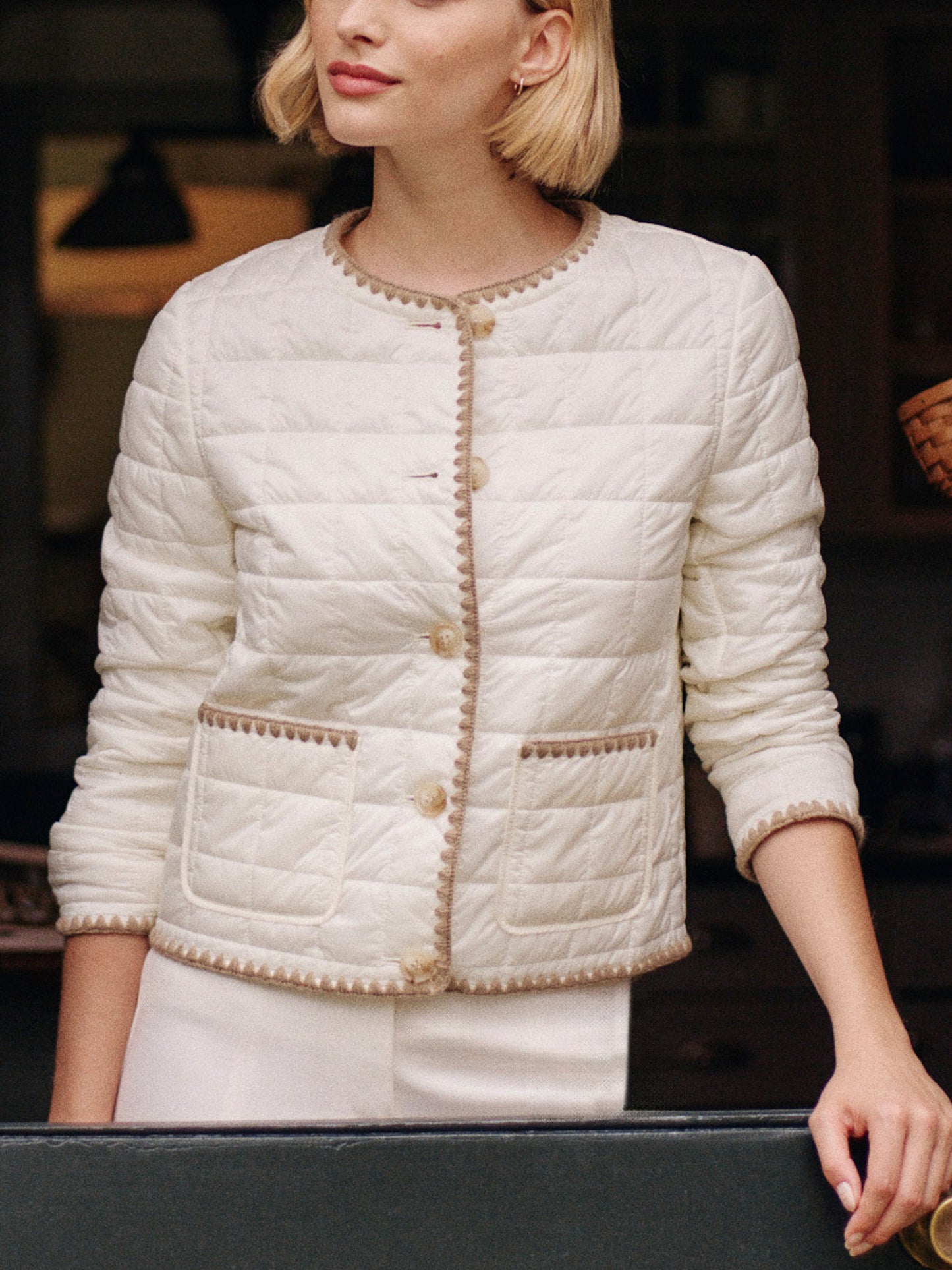 J.McLaughlin Danica puffer jacket in egret white made with nylon.