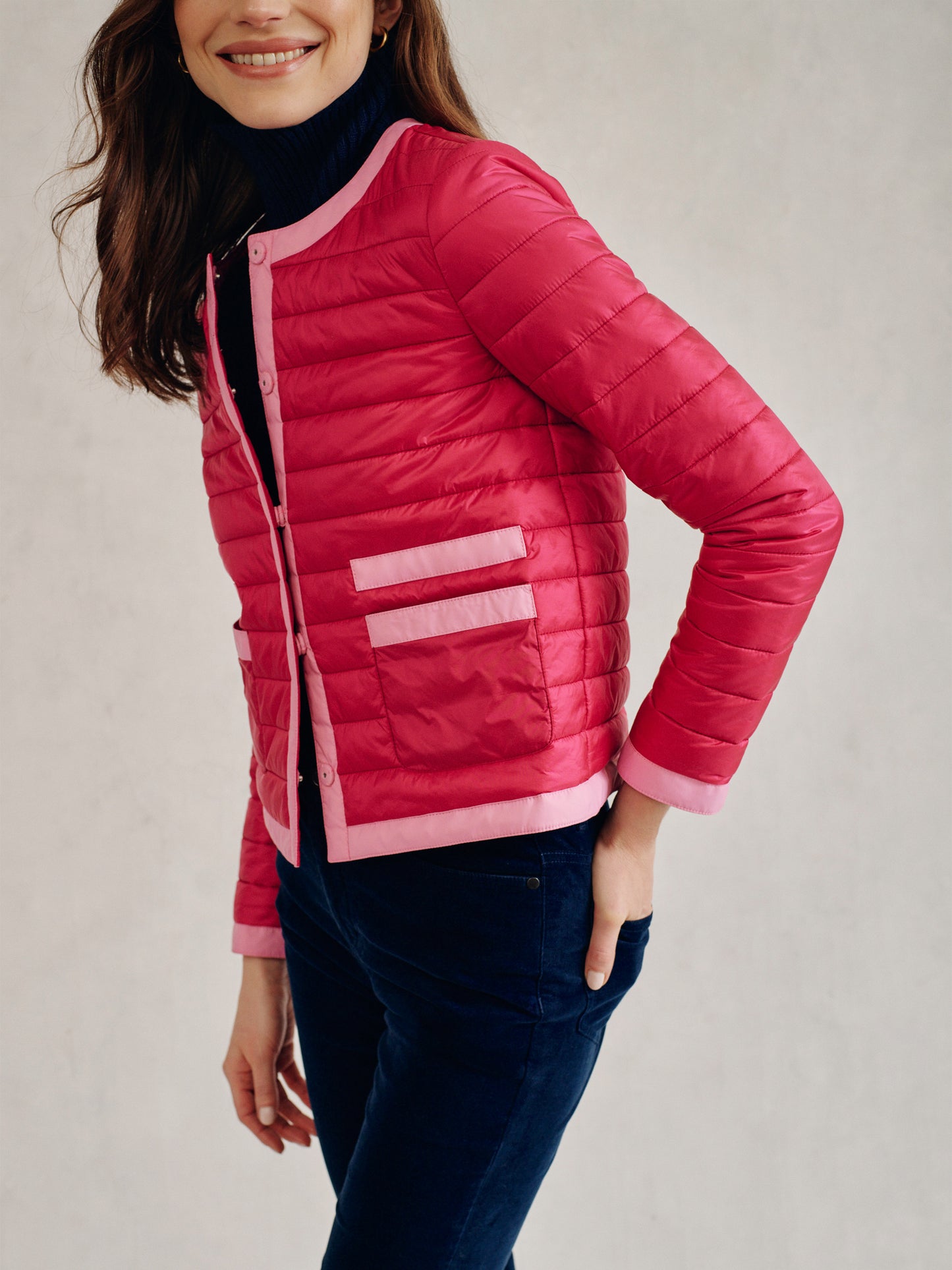 J.McLaughlin Eva puffer jacket in fuchsia made with nylon.