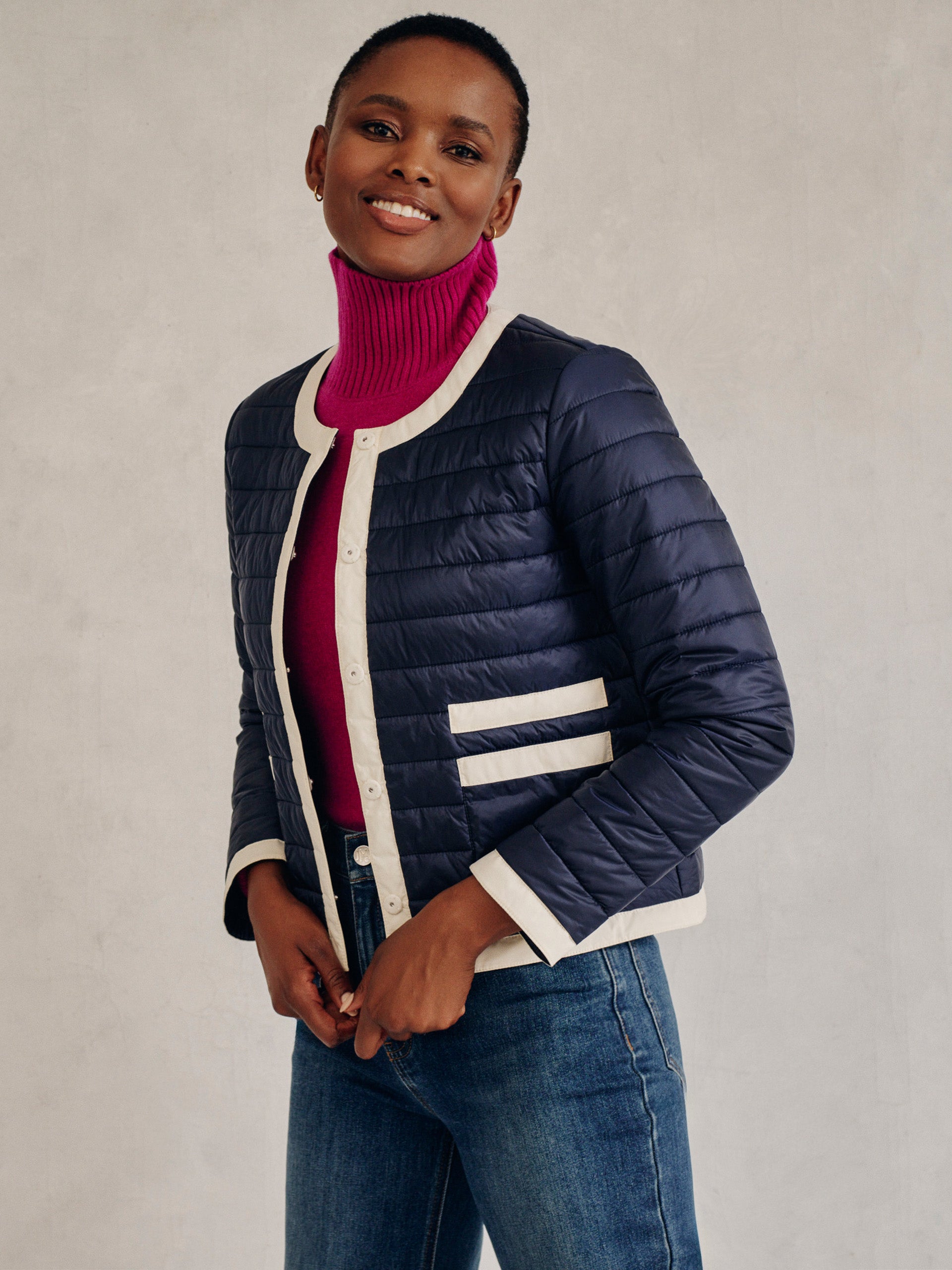 J.McLaughlin Eva puffer jacket in dark navy made with nylon.