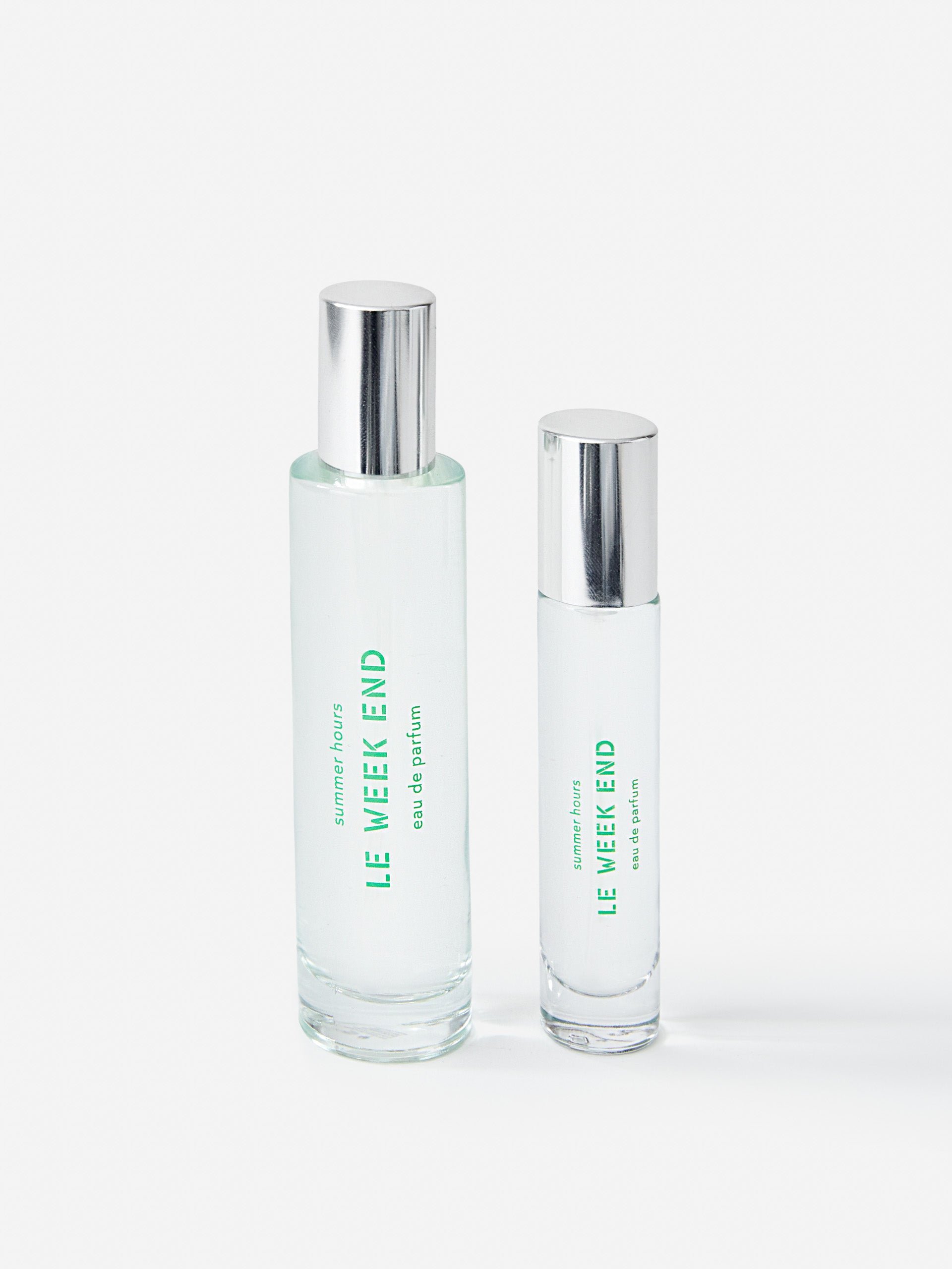 J.McL x Summer Hours Le Week End 50 mL Fragrance in green made with alcohol and water.