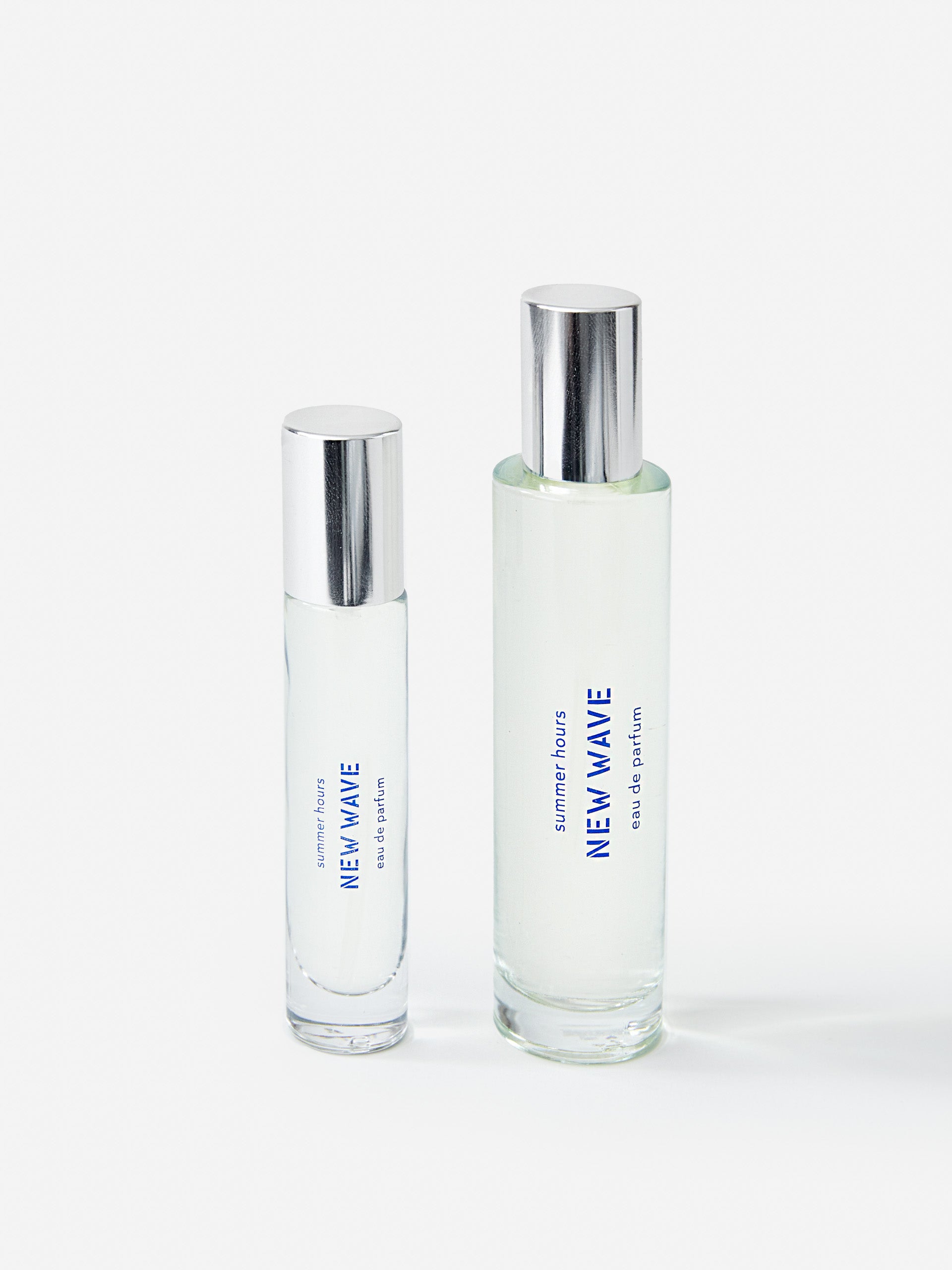 J.McL x Summer Hours New Wave 15 mL Fragrance in blue made with alcohol and water.