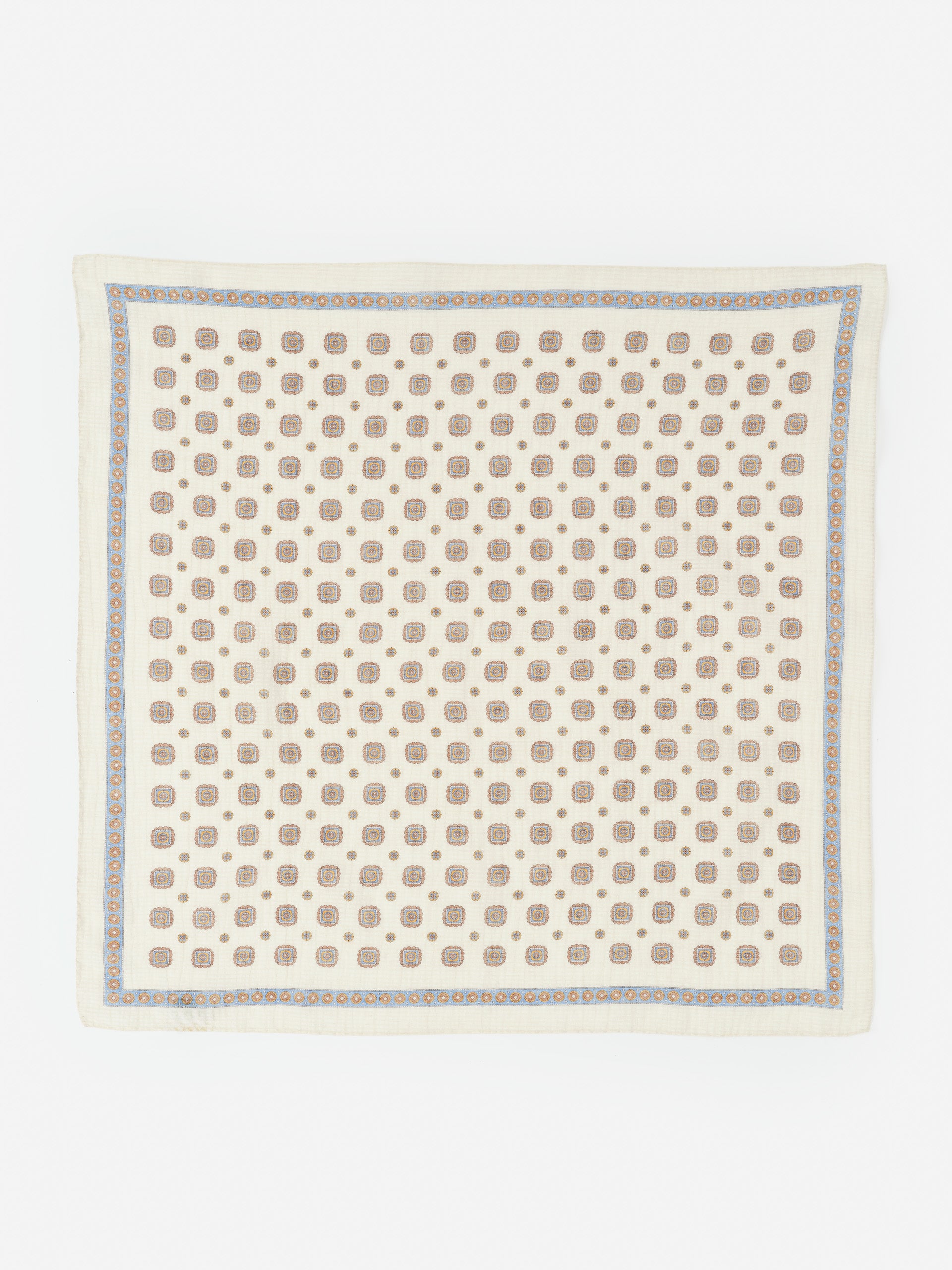 Seersucker Bandana in Stratford Square by J.McLaughlin featuring a classic cream base with a subtle blue and brown geometric pattern, perfect accessory for timeless style.