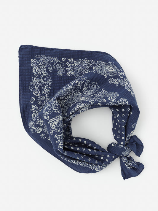 Seersucker Bandana in Riverside by J.McLaughlin features a classic navy blue fabric with white paisley and geometric patterns, perfect stylish accessory for women and men.