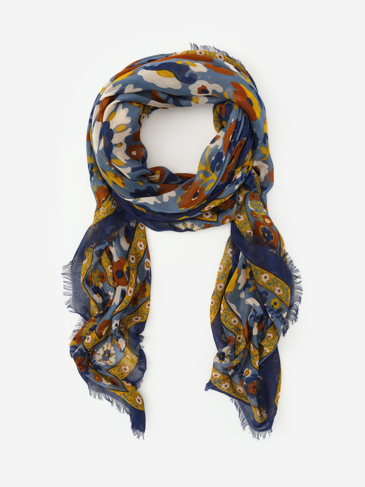 Lightweight scarf featuring a floral and geometric pattern in blue, orange, and yellow tones, exemplifying J.McLaughlin’s Giselle Scarf in Floral Daydream Border, effortlessly stylish with enduring designs and innovative fabrics, a destination for defining style. Life, Well-Lived.