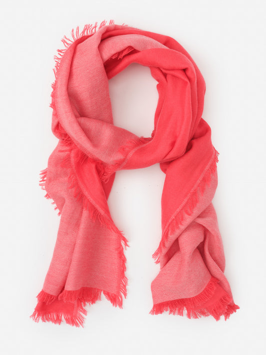 Carey Cashmere Scarf in vibrant coral hues by J.McLaughlin, showcasing effortlessly stylish design and luxurious fabric for enduring appeal, a destination for defining style. Life, Well-Lived.