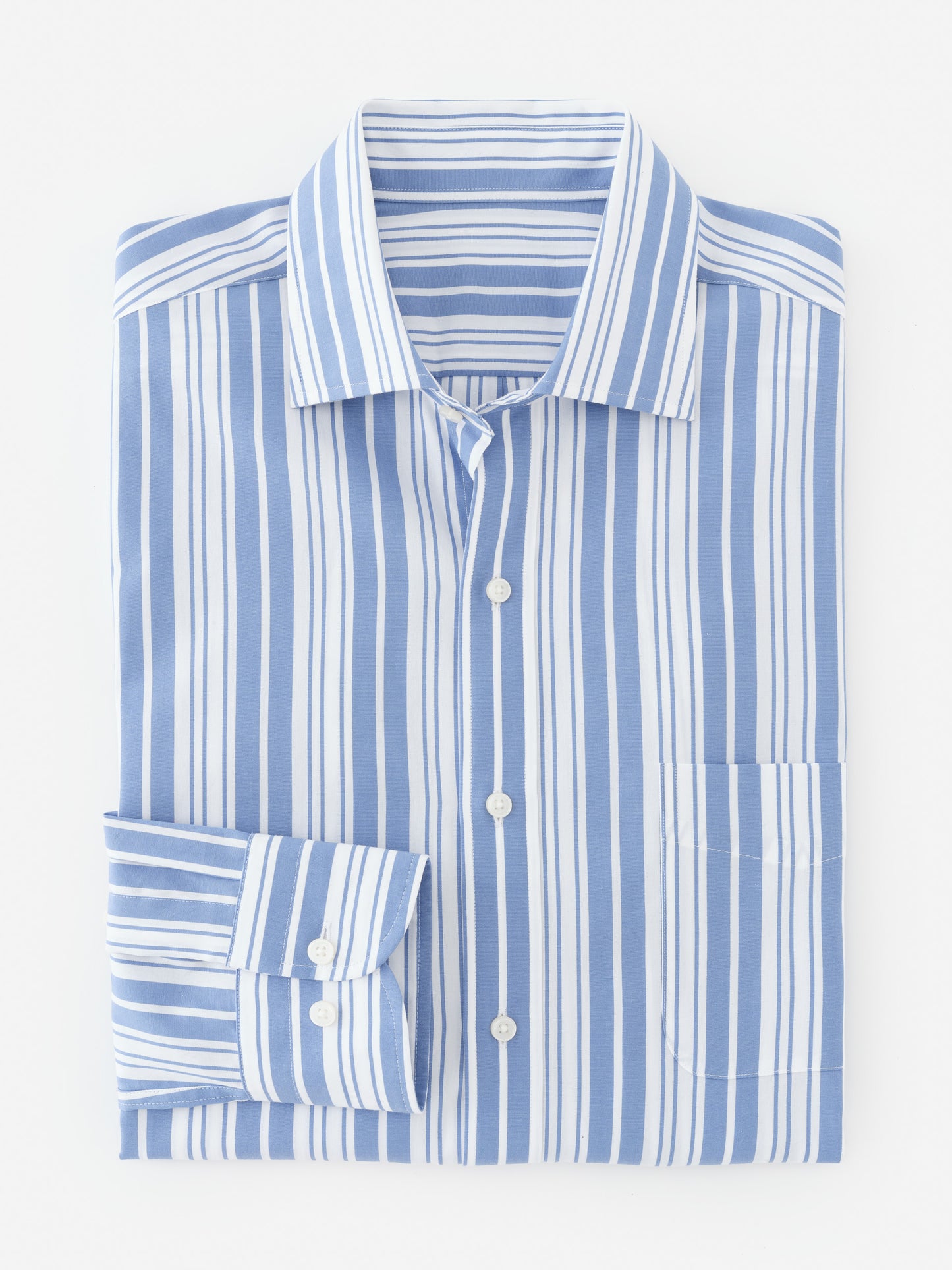 Folded Gramercy Cotton Shirt in Varigated Stripe by J.McLaughlin, featuring effortlessly stylish blue and white stripes crafted with innovative fabrics for enduring designs, a destination for defining style. Life, Well-Lived.