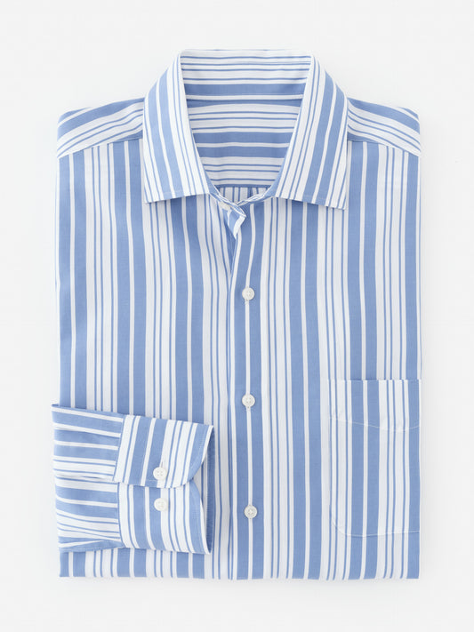 Folded Gramercy Cotton Shirt in Varigated Stripe by J.McLaughlin, featuring effortlessly stylish blue and white stripes crafted with innovative fabrics for enduring designs, a destination for defining style. Life, Well-Lived.