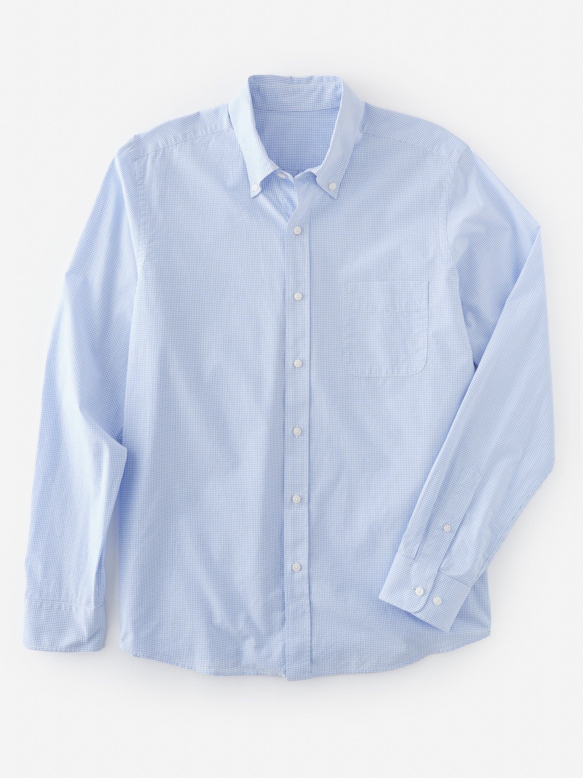 Belvedere Cotton Shirt in Graphic Check by J.McLaughlin in a soft blue tone, showcasing effortlessly stylish, enduring designs with innovative fabrics for a legacy of timeless fashion. A destination for defining style. Life, Well-Lived.