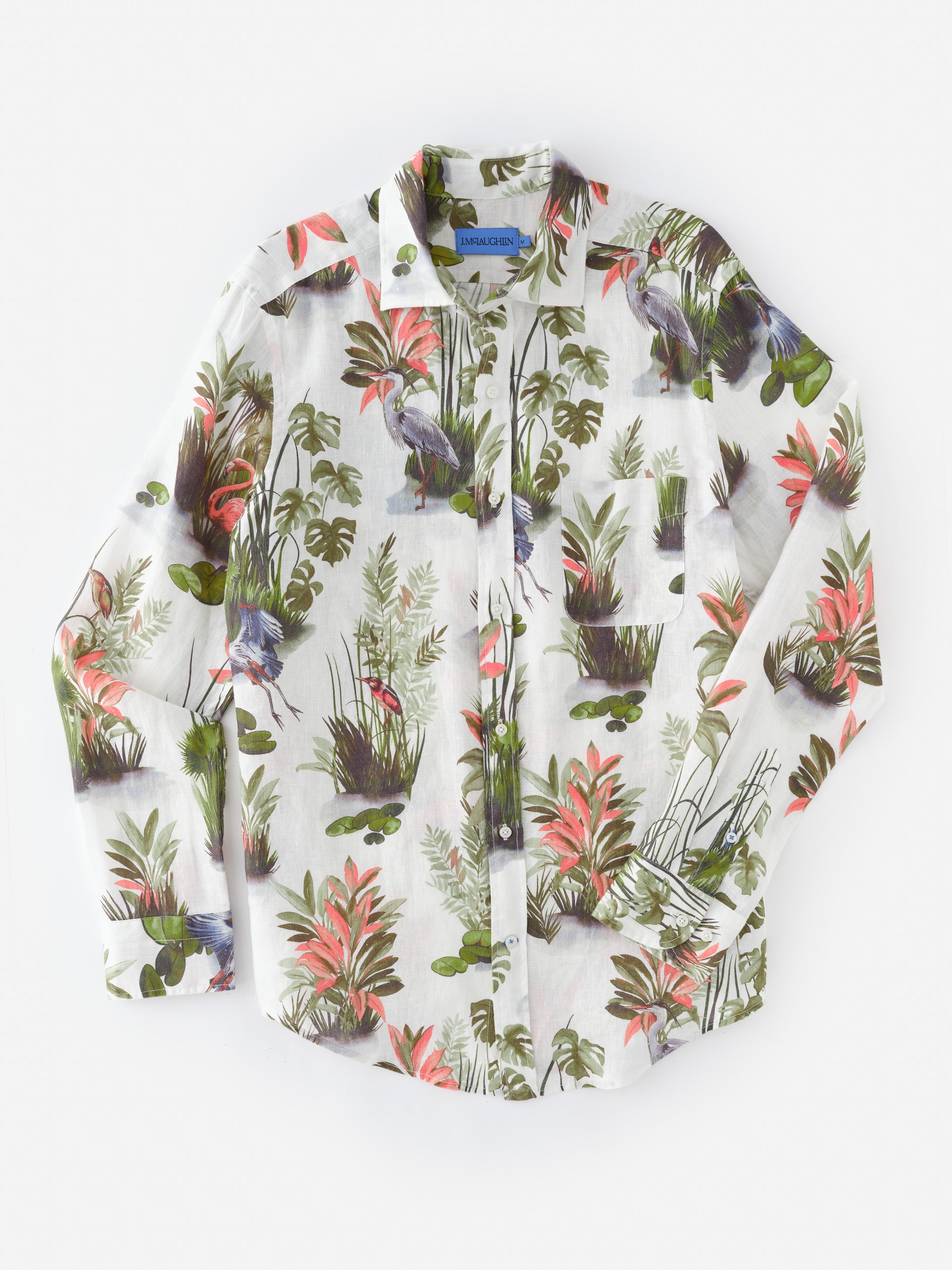 Gramercy Linen Shirt in Tidal Palms by J.McLaughlin featuring an effortlessly stylish linen shirt with tropical botanical and bird print, embodying enduring designs and innovative fabrics for a legacy of timeless fashion. A destination for defining style. Life, Well-Lived.