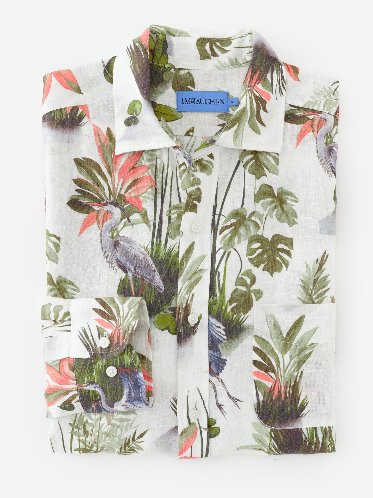 Gramercy Linen Shirt in Tidal Palms by J.McLaughlin, featuring an effortlessly stylish botanical print with innovative fabrics, embodying enduring designs for a legacy of timeless fashion. A destination for defining style. Life, Well-Lived.