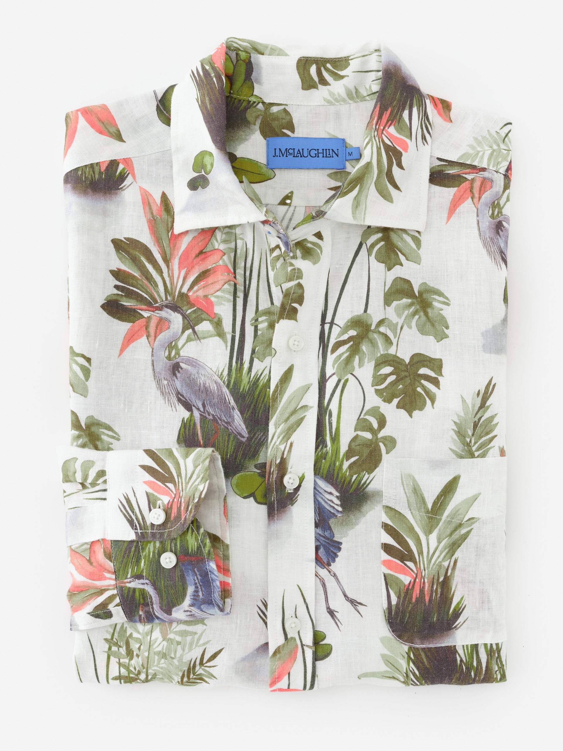 Gramercy Linen Shirt in Tidal Palms by J.McLaughlin, featuring an effortlessly stylish botanical print with innovative fabrics, embodying enduring designs for a legacy of timeless fashion. A destination for defining style. Life, Well-Lived.